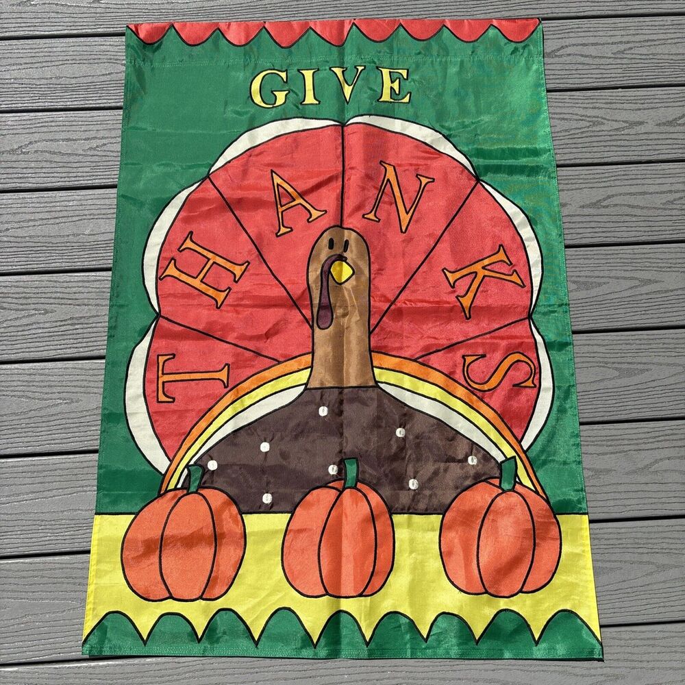 Large vintage house flag : “Give Thanks” turkey & pumpkins / Fall / Jetmax Nylon